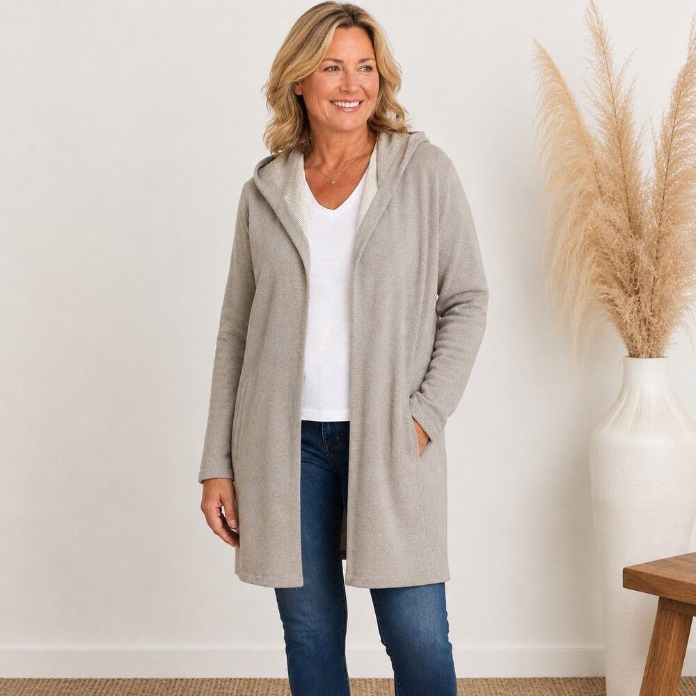 Margret O’Leary St Maarten Gray Hooded Drapey Cardigan SzL Quiet Luxury